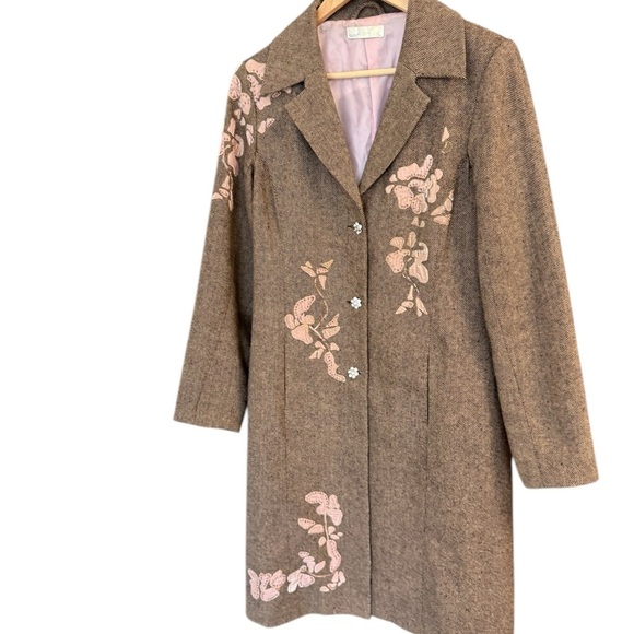 OXMO (Denmark) L wool blend EUC Brown Trench Coat with Pink Floral Design - Picture 1 of 14